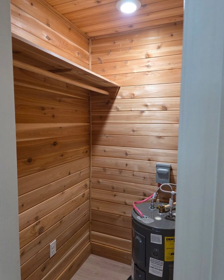 Cedar-lined closet with a shelf and cleats, tongue-and-groove on every wall and the ceiling