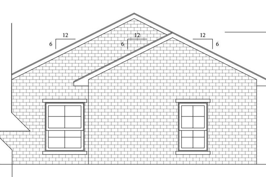Side elevation drawing of a brick house showing two windows and a 6-in-12 roof pitch