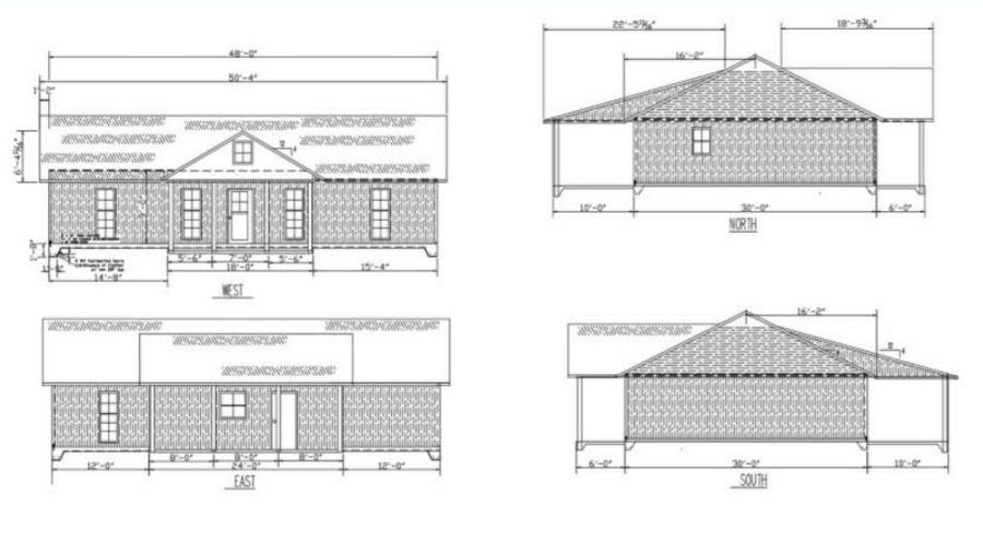 Construction drawing sheet with west, east, north, and south elevations of a house and their dimensions
