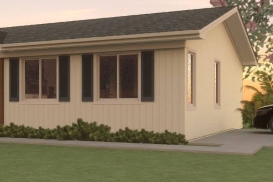 Rendering of a proposed board-and-batten cottage with black shutters, used to show a client the design before building