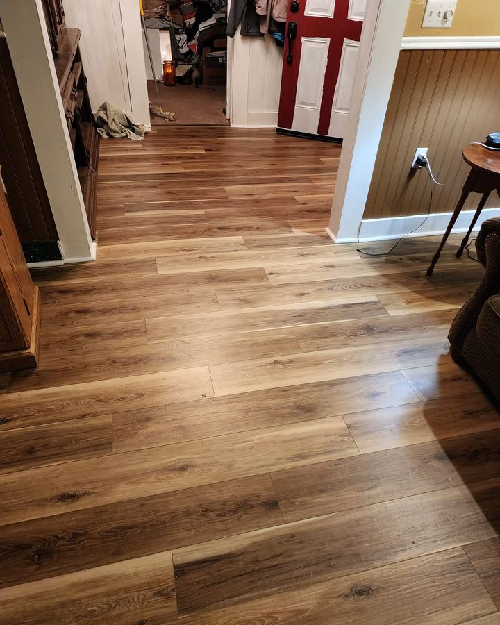 Luxury vinyl plank running from the hallway into the living room
